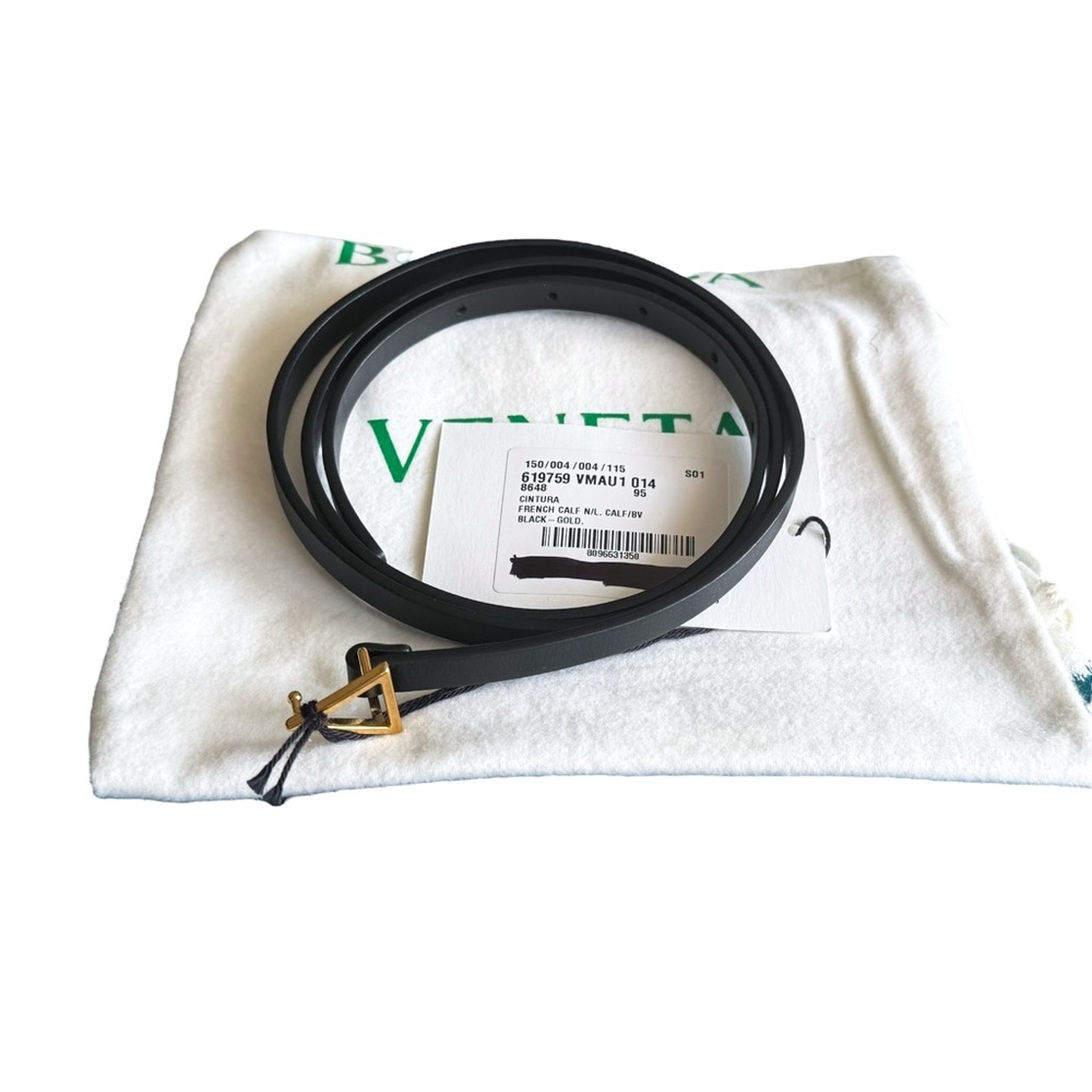 *SOLD*Bottega Veneta Black Leather Skinny Triangle Buckle Belt Size 90/38 Medium